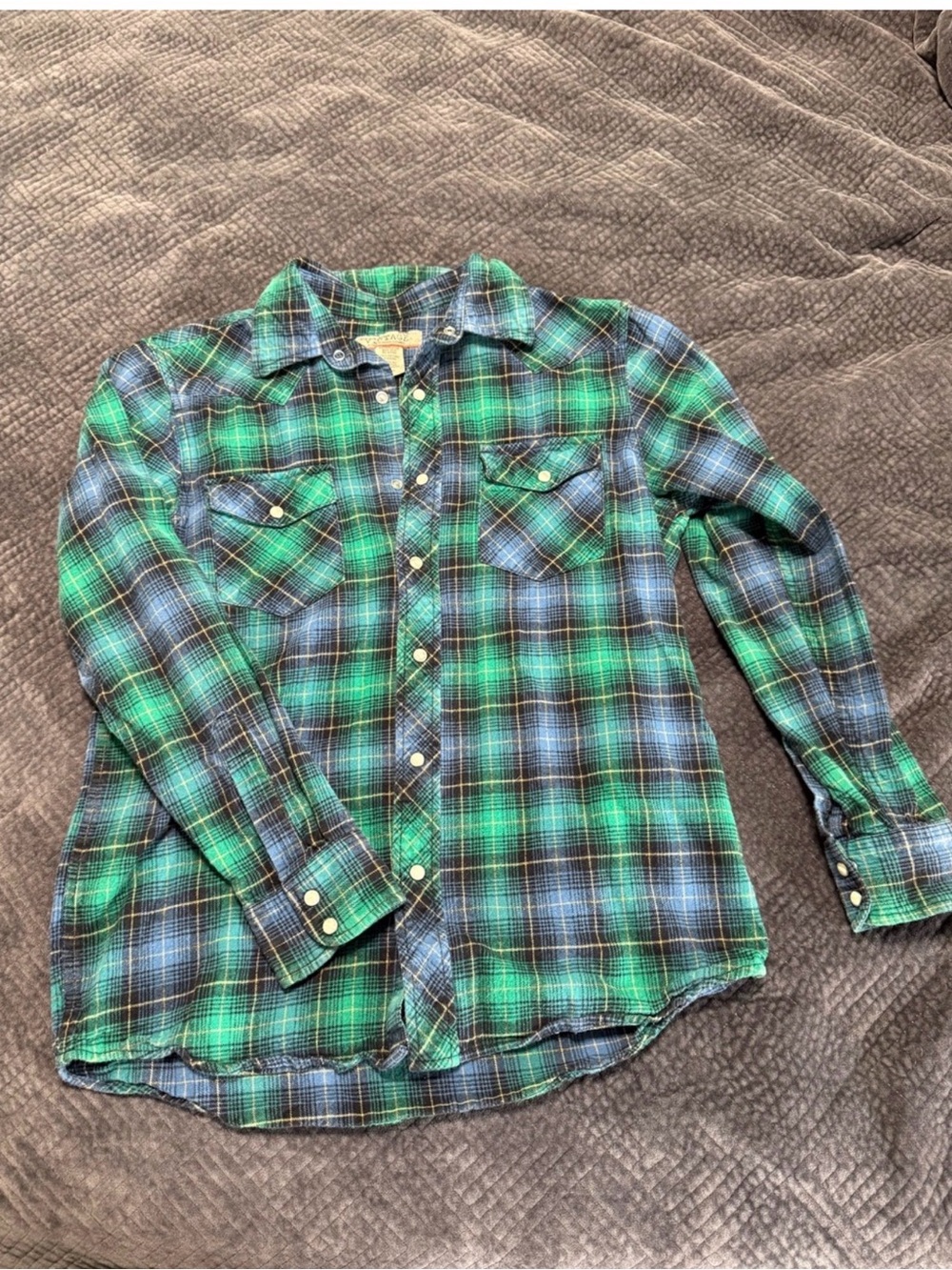 Vintage Green and Blue Plaid Snap-Front Shirt